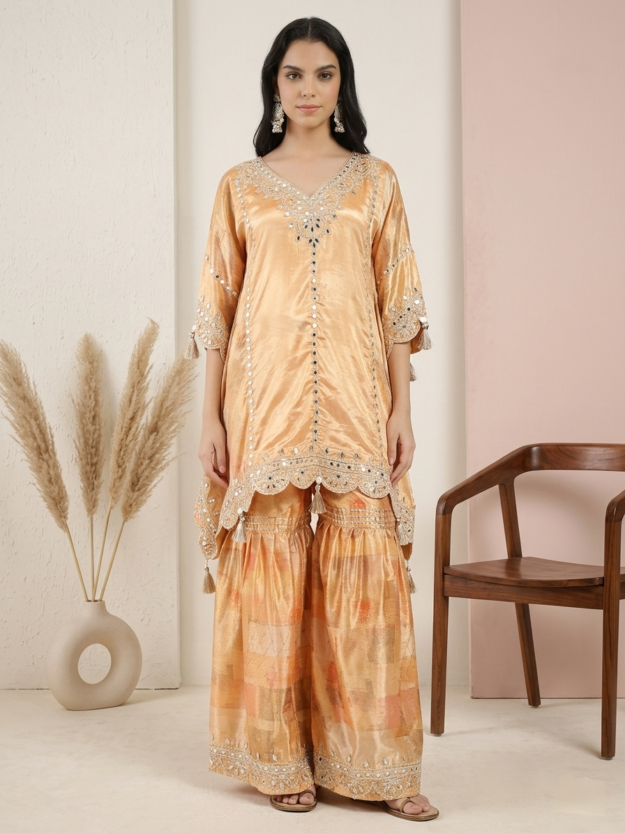 Peach Silk Mirror Work Kaftan with Sharara Set