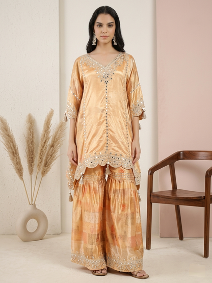 Peach Silk Mirror Work Kaftan with Sharara Set