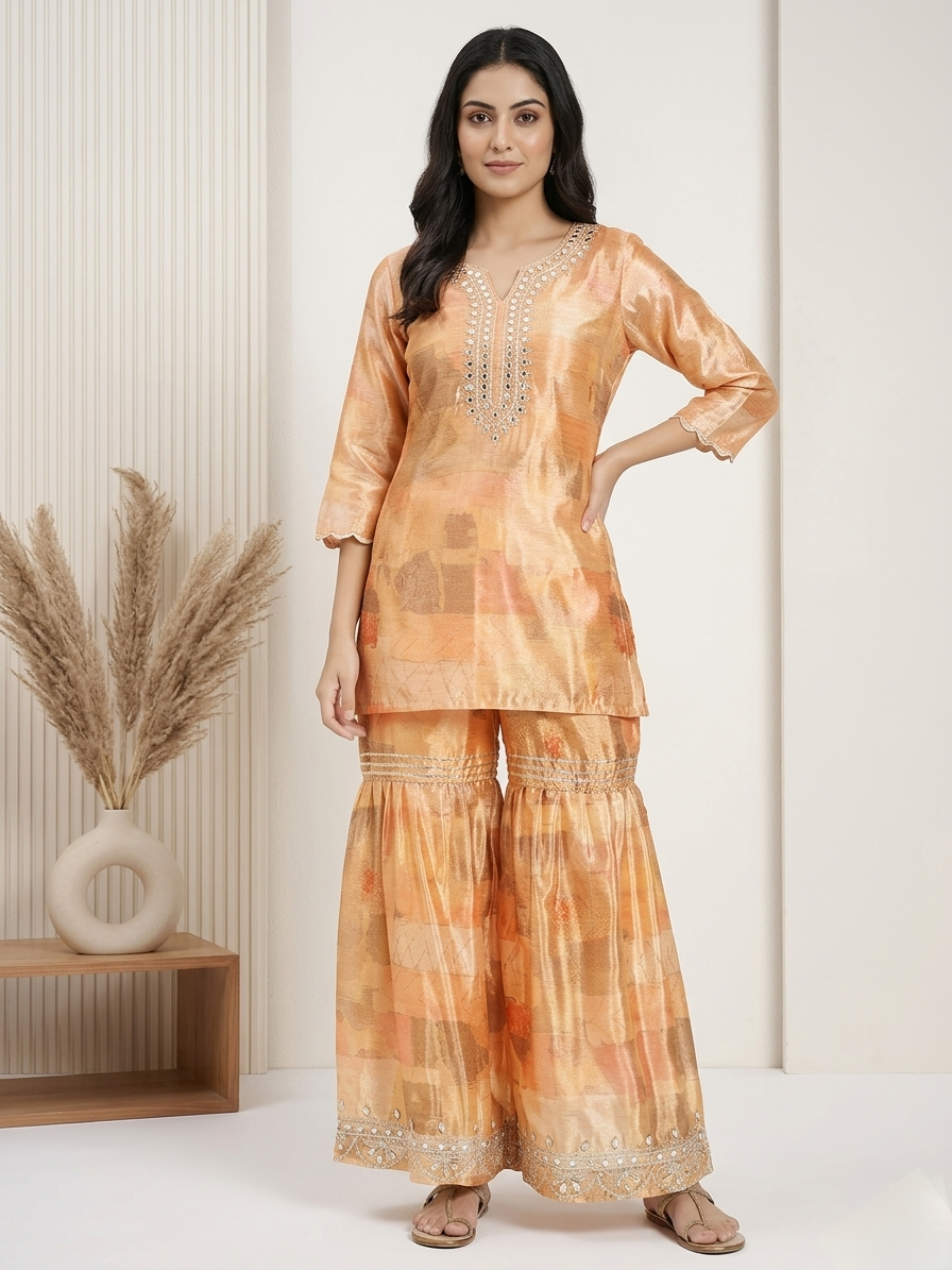 Peach Silk Mirror Work Kaftan with Sharara Set