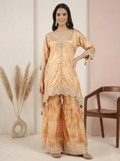 Peach Silk Mirror Work Kaftan with Sharara Set