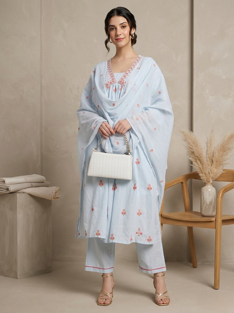 Elegant Sky-Blue Cotton Suit Set with Floral Embroidery and Dupatta