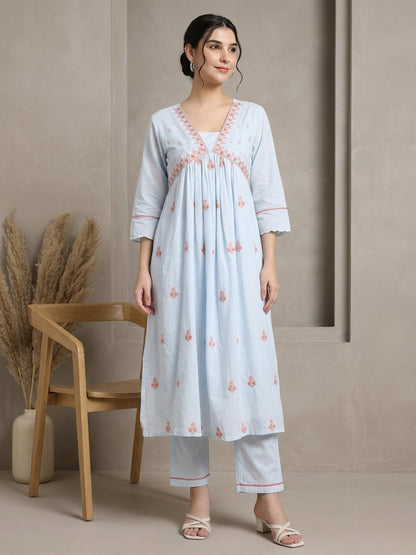 Elegant Sky-Blue Cotton Suit Set with Floral Embroidery and Dupatta