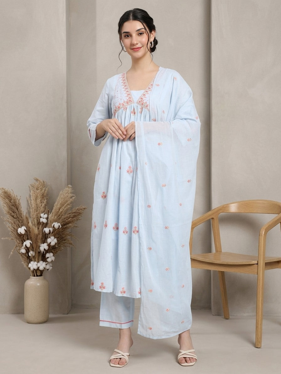 Elegant Sky-Blue Cotton Suit Set with Floral Embroidery and Dupatta