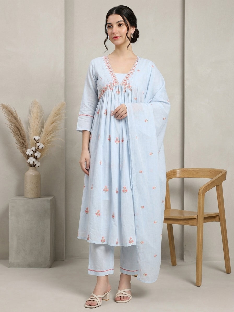 Elegant Sky-Blue Cotton Suit Set with Floral Embroidery and Dupatta