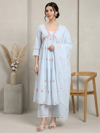 Elegant Sky-Blue Cotton Suit Set with Floral Embroidery and Dupatta