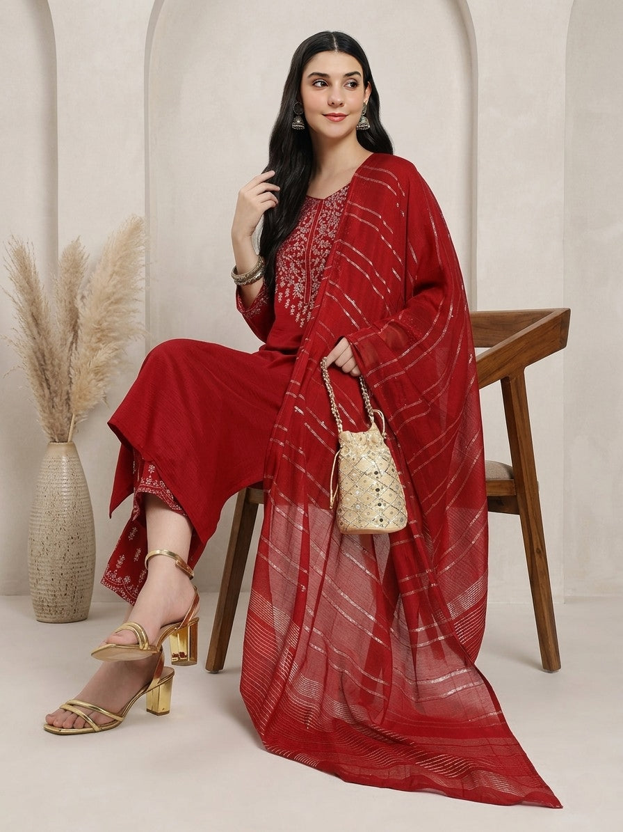 Elegant Red Embroidered Kurta Set with Dupatta – A Perfect Blend of Tradition & Style