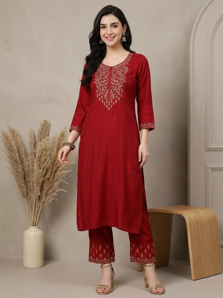 Elegant Red Embroidered Kurta Set with Dupatta – A Perfect Blend of Tradition & Style