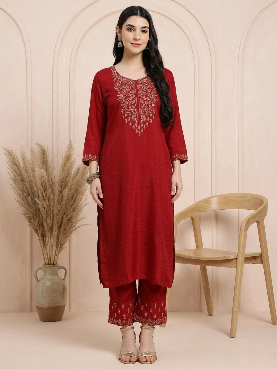 Elegant Red Embroidered Kurta Set with Dupatta – A Perfect Blend of Tradition & Style