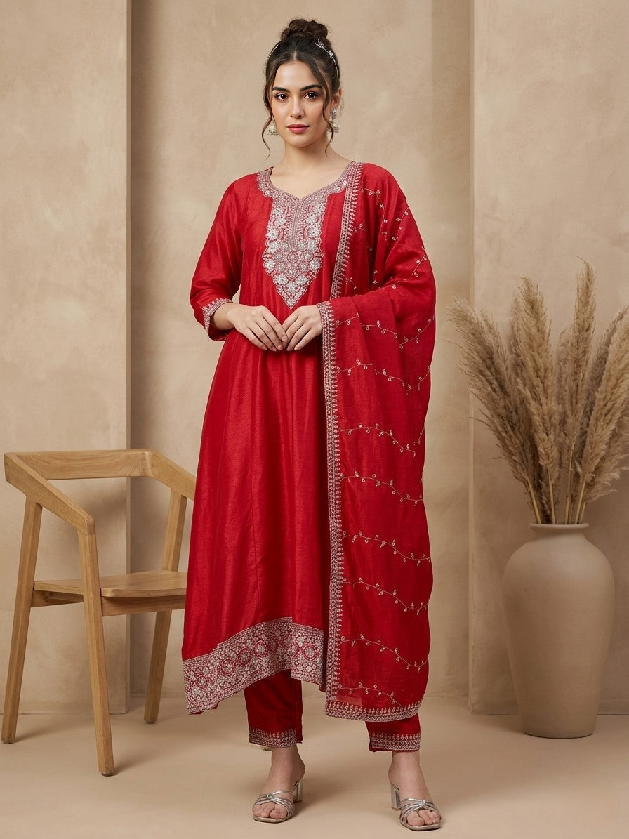 Elegant Red Embroidered Salwar Suit with Dupatta