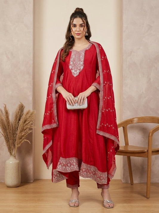 Elegant Red Embroidered Salwar Suit with Dupatta