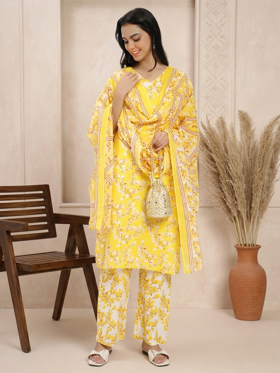 Bright Yellow & White Floral Printed Kurta Pant Dupatta Set