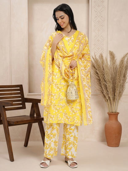 Bright Yellow & White Floral Printed Kurta Pant Dupatta Set