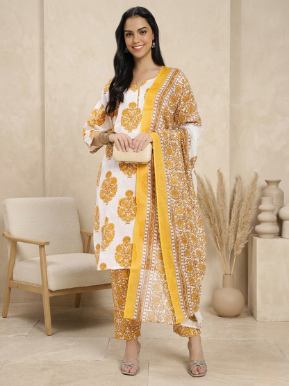 Yellow & White Cotton Printed Kurta Pant Dupatta Set