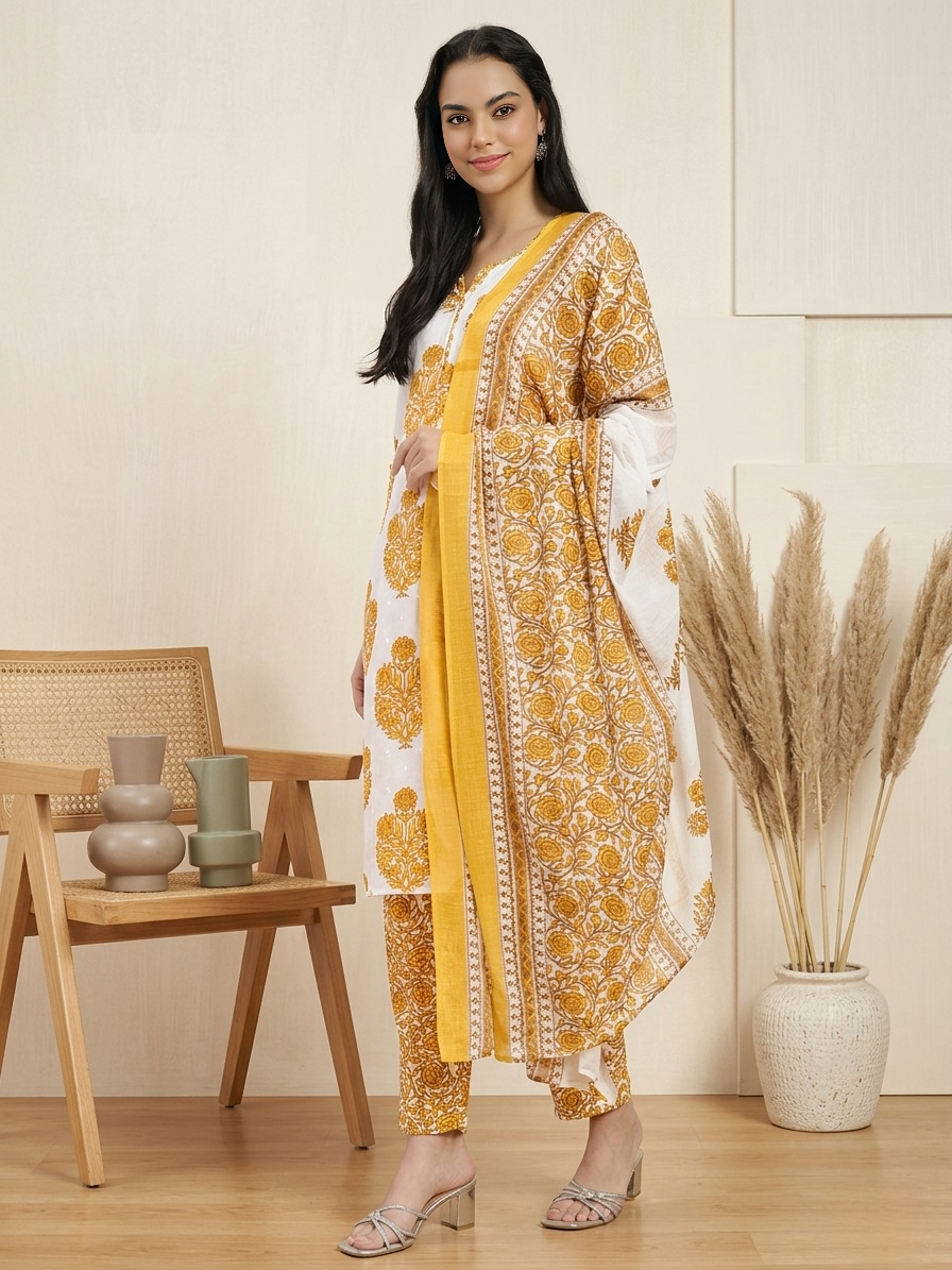 Yellow & White Cotton Printed Kurta Pant Dupatta Set