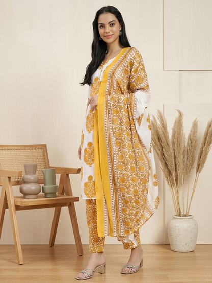 Yellow & White Cotton Printed Kurta Pant Dupatta Set