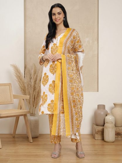 Yellow & White Cotton Printed Kurta Pant Dupatta Set