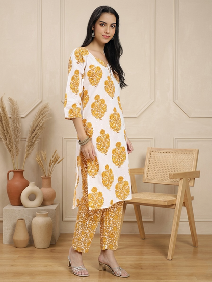 Yellow & White Cotton Printed Kurta Pant Dupatta Set