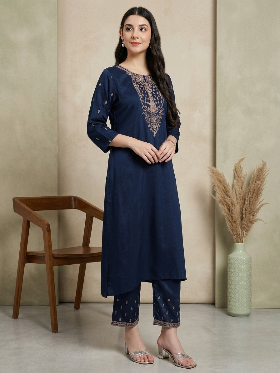 Navy Blue Embroidered Kurta Set with Light Blue Dupatta