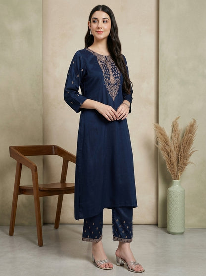 Navy Blue Embroidered Kurta Set with Light Blue Dupatta