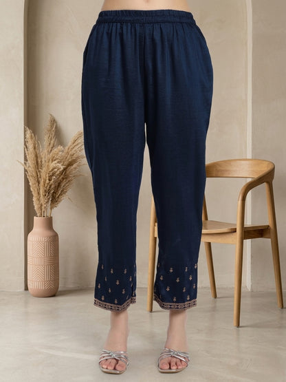 Navy Blue Embroidered Kurta Set with Light Blue Dupatta