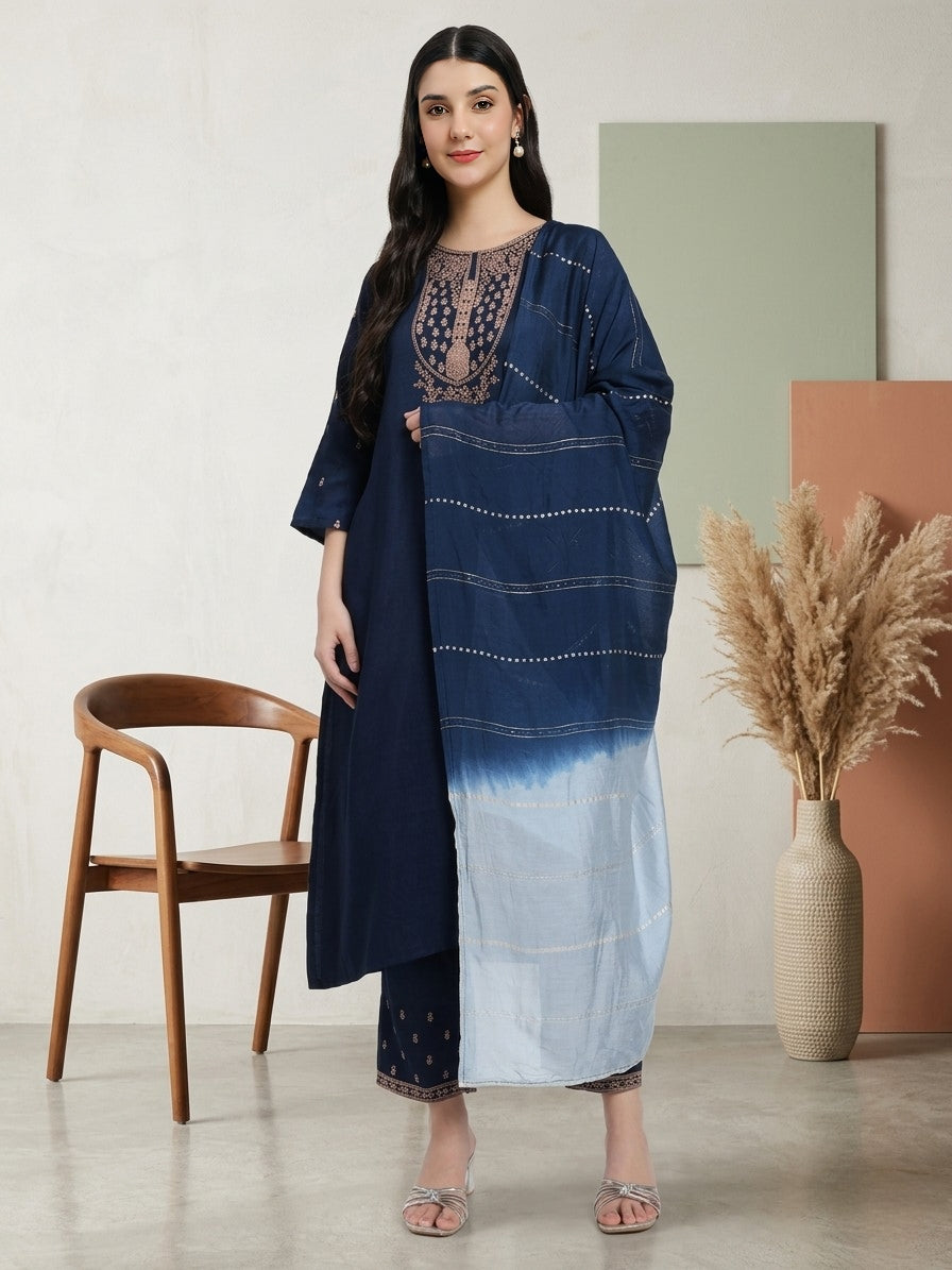 Navy Blue Embroidered Kurta Set with Light Blue Dupatta