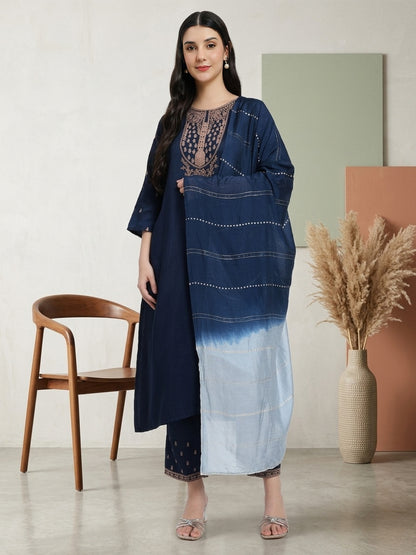 Navy Blue Embroidered Kurta Set with Light Blue Dupatta