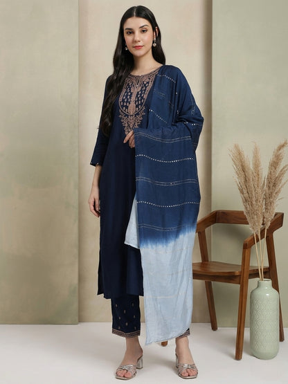 Navy Blue Embroidered Kurta Set with Light Blue Dupatta