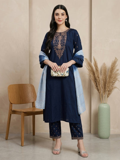 Navy Blue Embroidered Kurta Set with Light Blue Dupatta