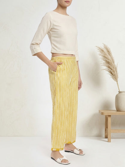 Mustard Yellow & White Cotton Printed Kurta Pant Dupatta Set