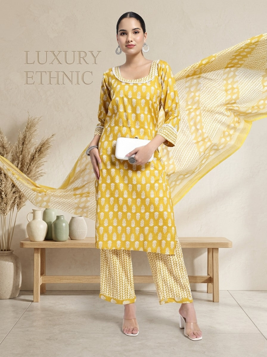 Mustard Yellow & White Cotton Printed Kurta Pant Dupatta Set