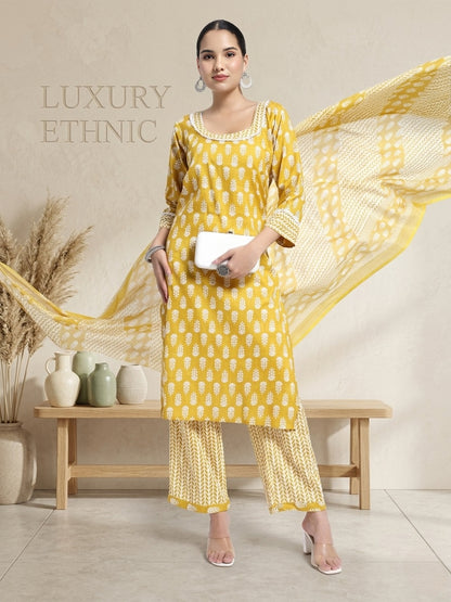 Mustard Yellow & White Cotton Printed Kurta Pant Dupatta Set