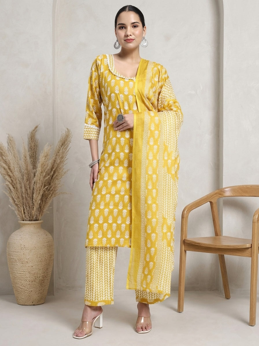 Mustard Yellow & White Cotton Printed Kurta Pant Dupatta Set