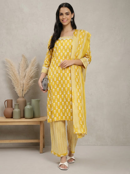 Mustard Yellow & White Cotton Printed Kurta Pant Dupatta Set