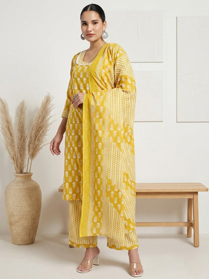 Mustard Yellow & White Cotton Printed Kurta Pant Dupatta Set