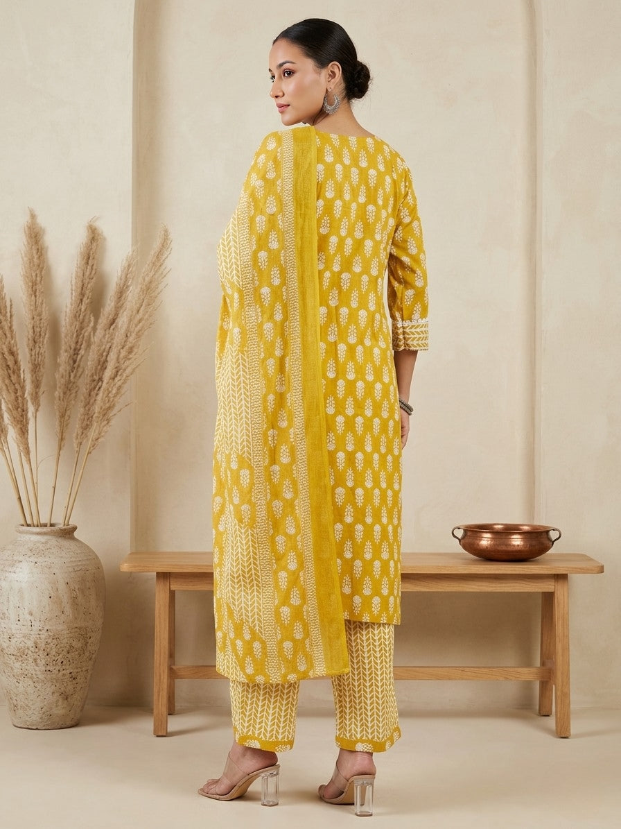 Mustard Yellow & White Cotton Printed Kurta Pant Dupatta Set