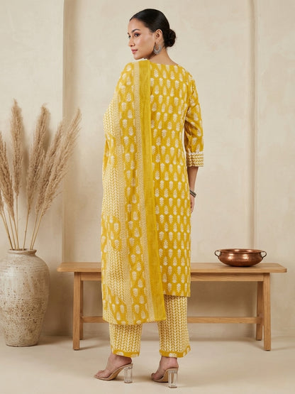 Mustard Yellow & White Cotton Printed Kurta Pant Dupatta Set