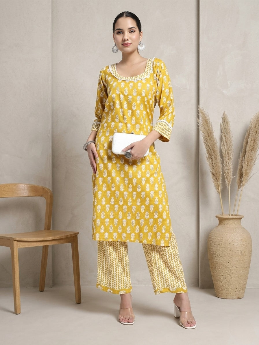 Mustard Yellow & White Cotton Printed Kurta Pant Dupatta Set