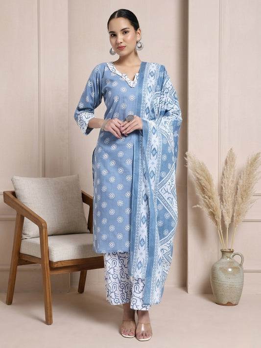 Blue & White Cotton Printed Kurta Pant Dupatta Set