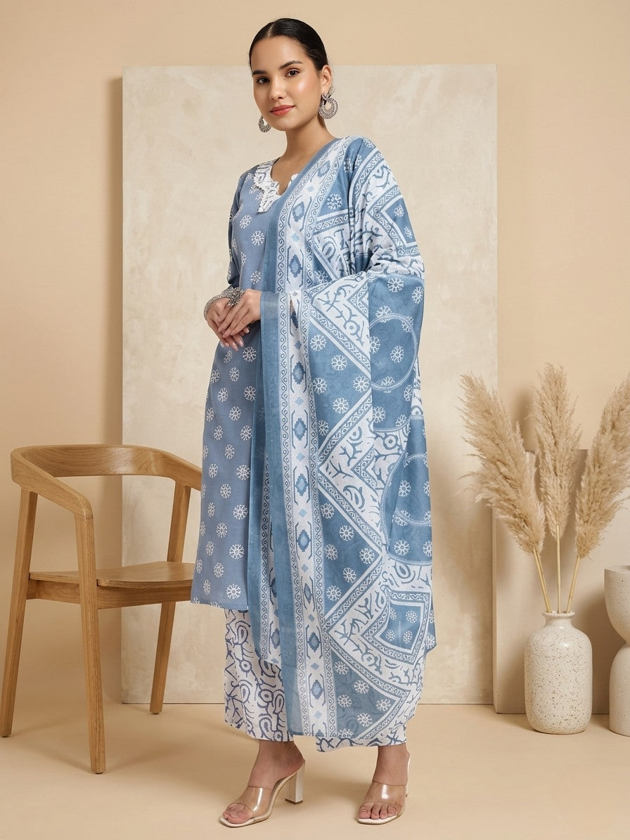Blue & White Cotton Printed Kurta Pant Dupatta Set
