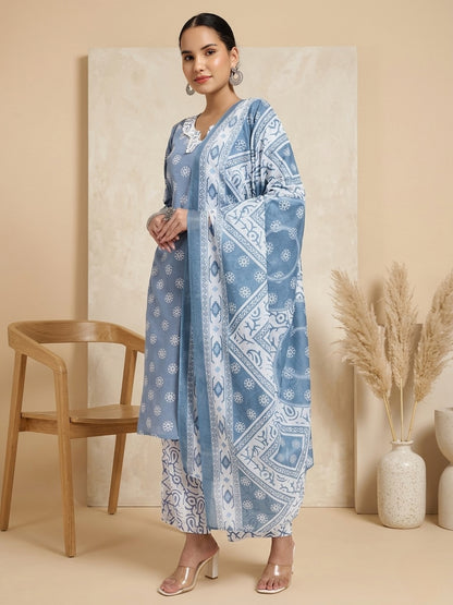 Blue & White Cotton Printed Kurta Pant Dupatta Set