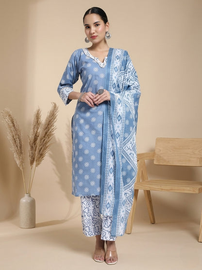 Blue & White Cotton Printed Kurta Pant Dupatta Set
