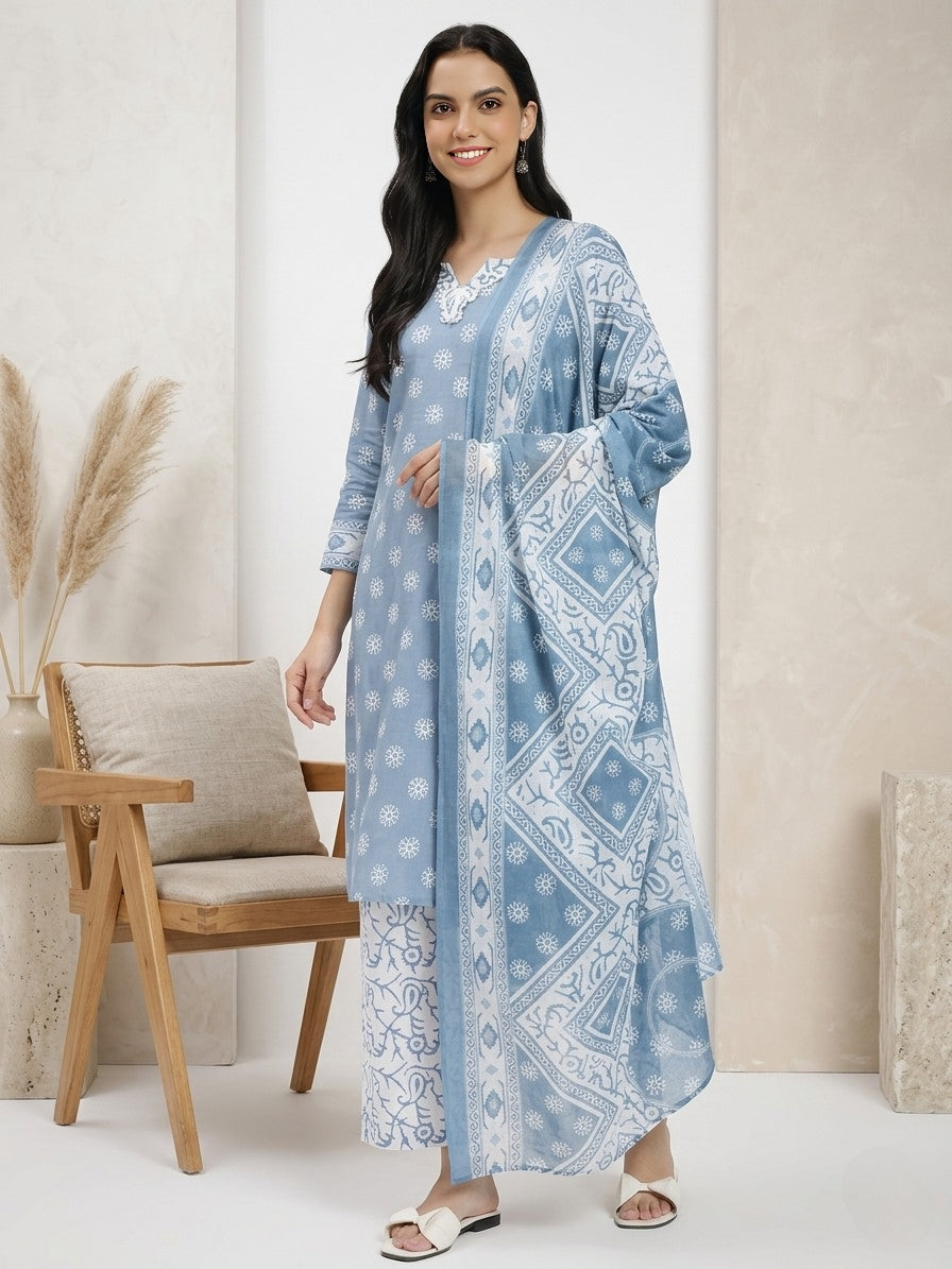Blue & White Cotton Printed Kurta Pant Dupatta Set