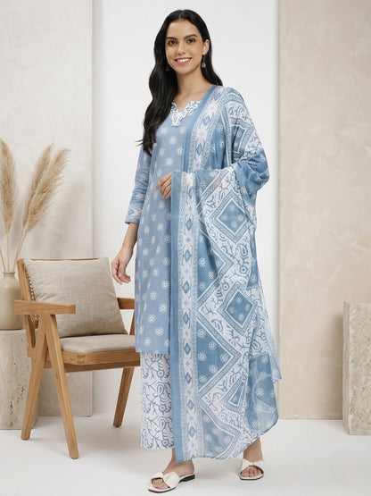 Blue & White Cotton Printed Kurta Pant Dupatta Set