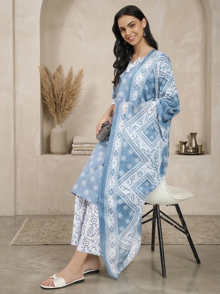 Blue & White Cotton Printed Kurta Pant Dupatta Set