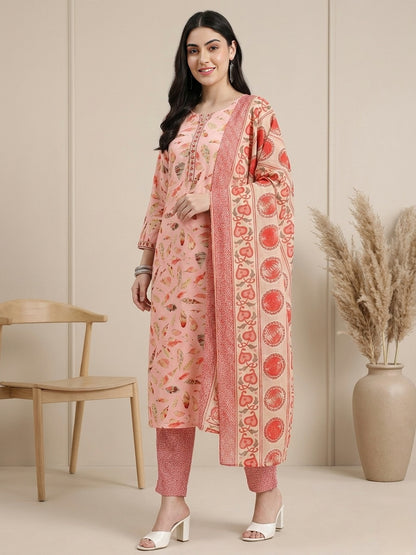 Peach Printed Straight Kurta Set with Matching Dupatta and Pants