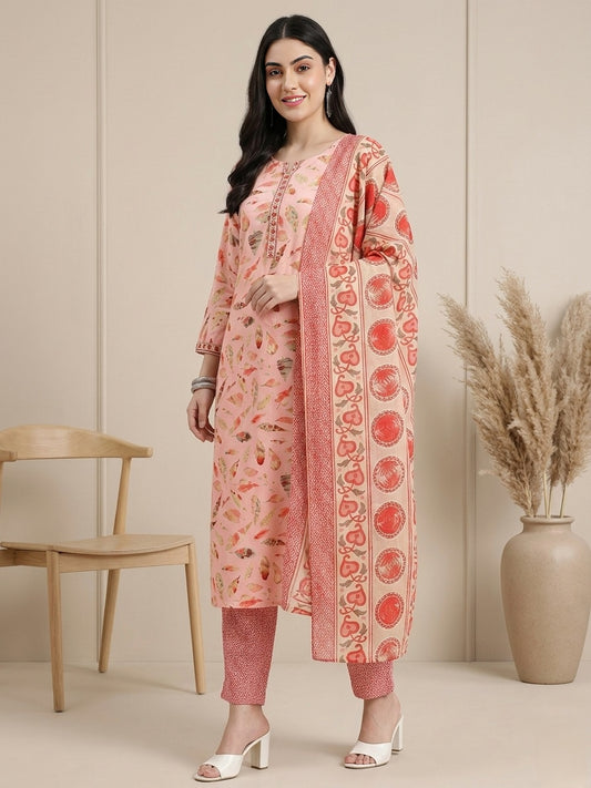 Peach Printed Straight Kurta Set with Matching Dupatta and Pants