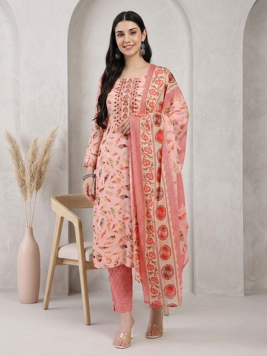 Peach Printed Straight Kurta Set with Matching Dupatta and Pants