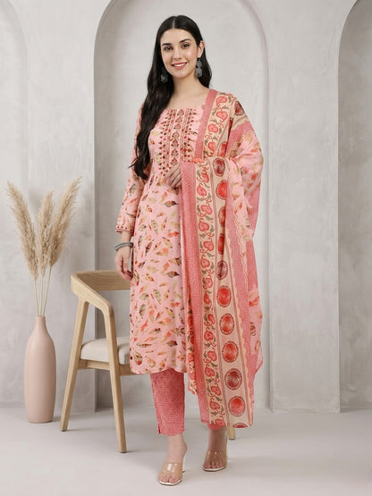 Peach Printed Straight Kurta Set with Matching Dupatta and Pants