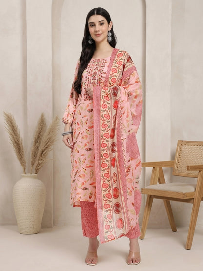 Peach Printed Straight Kurta Set with Matching Dupatta and Pants