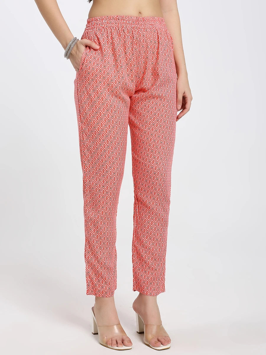 Peach Printed Straight Kurta Set with Matching Dupatta and Pants
